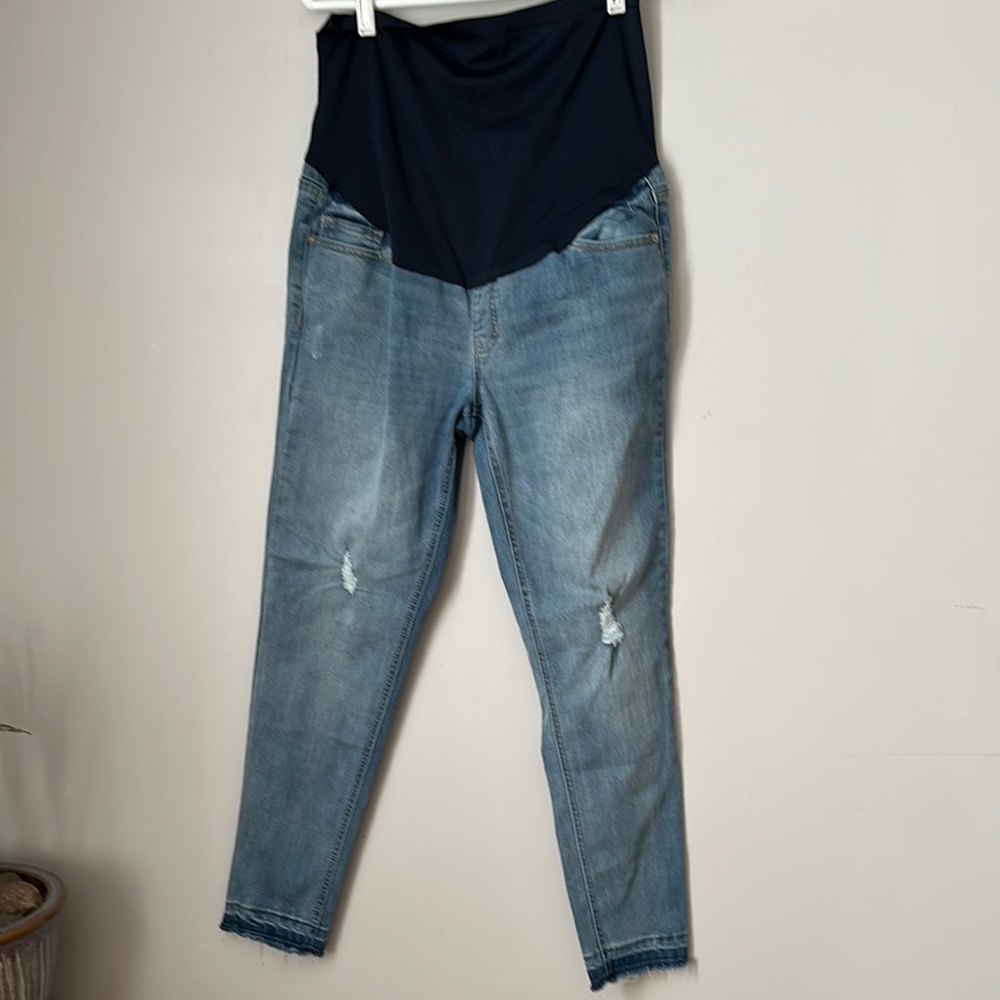 💚5 Time And Tru Women's Blue Denim Maternity Straight Cut Raw Hem Jeans Size M
